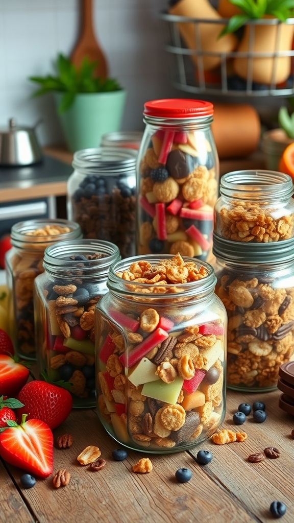 Creative Snack Jar Ideas for Every Occasion A variety of snack jars filled with nuts, dried fruits, granola, and chocolates on a wooden table.